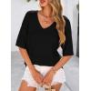 imagePRETTYGARDEN Womens Short Sleeve Sweater Tops 2025 Spring Summer Casual V Neck Ribbed Knit Trendy Eyelet Blouse T ShirtsBlack