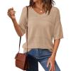 imagePRETTYGARDEN Womens Short Sleeve Sweater Tops 2025 Spring Summer Casual V Neck Ribbed Knit Trendy Eyelet Blouse T ShirtsDark Apricot