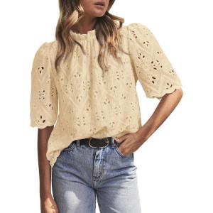 imagePRETTYGARDEN Summer Tops for Women 2025 Trendy Short Sleeve Eyelet Embroidered Dressy Casual Blouse ShirtsBeige Yellow