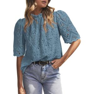 imagePRETTYGARDEN Summer Tops for Women 2025 Trendy Short Sleeve Eyelet Embroidered Dressy Casual Blouse ShirtsBlue Grey