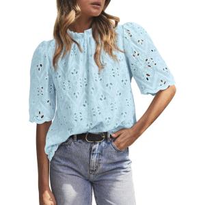 imagePRETTYGARDEN Summer Tops for Women 2025 Trendy Short Sleeve Eyelet Embroidered Dressy Casual Blouse ShirtsLight Blue