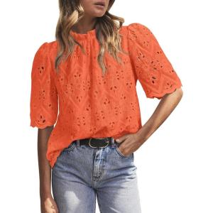imagePRETTYGARDEN Summer Tops for Women 2025 Trendy Short Sleeve Eyelet Embroidered Dressy Casual Blouse ShirtsOrange