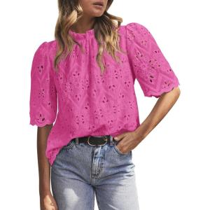 imagePRETTYGARDEN Summer Tops for Women 2025 Trendy Short Sleeve Eyelet Embroidered Dressy Casual Blouse ShirtsRose Red