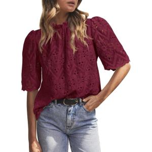 imagePRETTYGARDEN Summer Tops for Women 2025 Trendy Short Sleeve Eyelet Embroidered Dressy Casual Blouse ShirtsWine Red