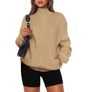 imagePRETTYGARDEN Womens 2025 Spring Fall Fashion Full Zip Up Sweatshirt Long Sleeve Loose Fit Trendy Casual Jacket with PocketsKhaki