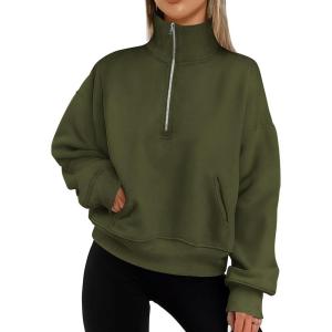 imagePRETTYGARDEN Womens Fall Fashion Half Zip Sweatshirts Long Sleeve Collared Cropped Pullover Tops Trendy Y2K ClothesArmy Green