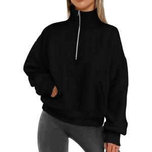 imagePRETTYGARDEN Womens Fall Fashion Half Zip Sweatshirts Long Sleeve Collared Cropped Pullover Tops Trendy Y2K ClothesBlack