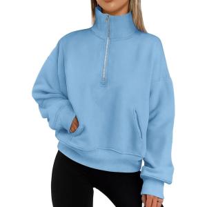 imagePRETTYGARDEN Womens Fall Fashion Half Zip Sweatshirts Long Sleeve Collared Cropped Pullover Tops Trendy Y2K ClothesBlue