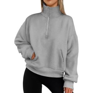 imagePRETTYGARDEN Womens Fall Fashion Half Zip Sweatshirts Long Sleeve Collared Cropped Pullover Tops Trendy Y2K ClothesGrey