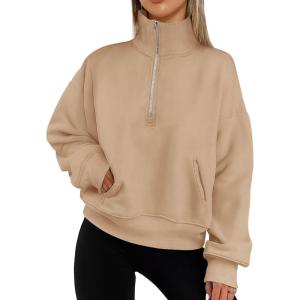 imagePRETTYGARDEN Womens Fall Fashion Half Zip Sweatshirts Long Sleeve Collared Cropped Pullover Tops Trendy Y2K ClothesKhaki