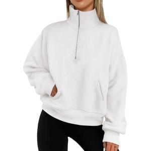 imagePRETTYGARDEN Womens Fall Fashion Half Zip Sweatshirts Long Sleeve Collared Cropped Pullover Tops Trendy Y2K ClothesWhite
