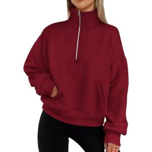 imagePRETTYGARDEN Womens Fall Fashion Half Zip Sweatshirts Long Sleeve Collared Cropped Pullover Tops Trendy Y2K ClothesWine Red