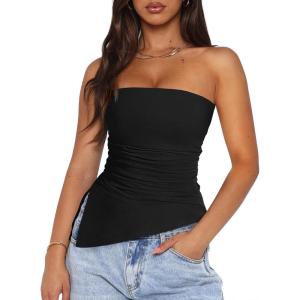 imagePRETTYGARDEN Womens Tube Top 2025 Summer Trendy Strapless Tops Going Out Outfits Ruched Asymmetrical Bandeau ShirtsBlack