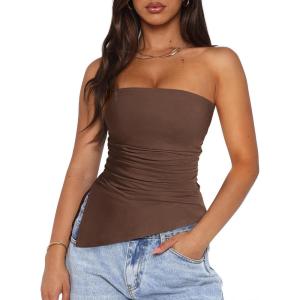 imagePRETTYGARDEN Womens Tube Top 2025 Summer Trendy Strapless Tops Going Out Outfits Ruched Asymmetrical Bandeau ShirtsCoffee
