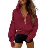 imagePRETTYGARDEN Womens Hooded Sweatshirts Long Sleeve Half Zip Cropped Hoodie Pullover Winter Fashion ClothesWine Red