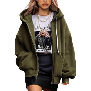 imagePRETTYGARDEN Womens 2025 Fall Oversized Hoodies Sweatshirt Long Sleeve Zip Up Pockets Loose Fit Y2K Winter Jackets CoatArmy Green