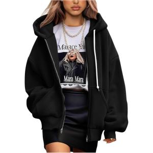 imagePRETTYGARDEN Womens 2025 Fall Oversized Hoodies Sweatshirt Long Sleeve Zip Up Pockets Loose Fit Y2K Winter Jackets CoatBlack