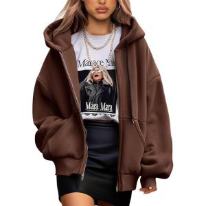 imagePRETTYGARDEN Womens 2025 Fall Oversized Hoodies Sweatshirt Long Sleeve Zip Up Pockets Loose Fit Y2K Winter Jackets CoatBrown Coffee