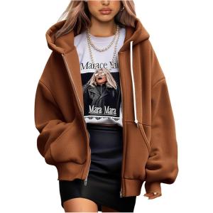 imagePRETTYGARDEN Womens 2025 Fall Oversized Hoodies Sweatshirt Long Sleeve Zip Up Pockets Loose Fit Y2K Winter Jackets CoatCaramel