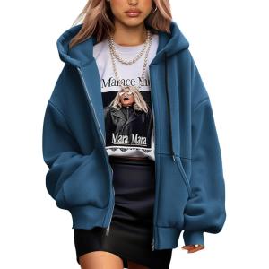 imagePRETTYGARDEN Womens 2025 Fall Oversized Hoodies Sweatshirt Long Sleeve Zip Up Pockets Loose Fit Y2K Winter Jackets CoatDark Blue