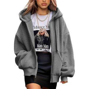 imagePRETTYGARDEN Womens 2025 Fall Oversized Hoodies Sweatshirt Long Sleeve Zip Up Pockets Loose Fit Y2K Winter Jackets CoatDark Grey