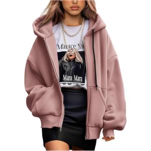 imagePRETTYGARDEN Womens 2025 Fall Oversized Hoodies Sweatshirt Long Sleeve Zip Up Pockets Loose Fit Y2K Winter Jackets CoatDusty Pink