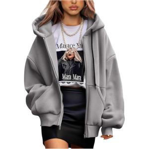 imagePRETTYGARDEN Womens 2025 Fall Oversized Hoodies Sweatshirt Long Sleeve Zip Up Pockets Loose Fit Y2K Winter Jackets CoatGrey