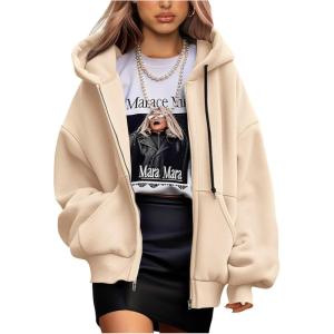 imagePRETTYGARDEN Womens 2025 Fall Oversized Hoodies Sweatshirt Long Sleeve Zip Up Pockets Loose Fit Y2K Winter Jackets CoatKhaki