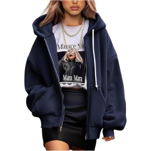 imagePRETTYGARDEN Womens 2025 Fall Oversized Hoodies Sweatshirt Long Sleeve Zip Up Pockets Loose Fit Y2K Winter Jackets CoatNavy