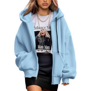imagePRETTYGARDEN Womens 2025 Fall Oversized Hoodies Sweatshirt Long Sleeve Zip Up Pockets Loose Fit Y2K Winter Jackets CoatSky Blue