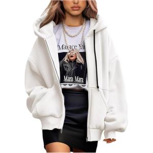 imagePRETTYGARDEN Womens 2025 Fall Oversized Hoodies Sweatshirt Long Sleeve Zip Up Pockets Loose Fit Y2K Winter Jackets CoatWhite