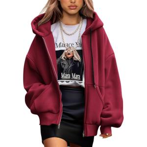 imagePRETTYGARDEN Womens 2025 Fall Oversized Hoodies Sweatshirt Long Sleeve Zip Up Pockets Loose Fit Y2K Winter Jackets CoatWine Red