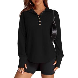 imagePRETTYGARDEN Womens Fall Fashion Button Up Sweatshirt Long Sleeve V Neck Loose Fit Casual Trendy Going Out Pullover TopsBlack