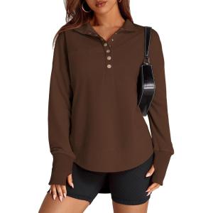 imagePRETTYGARDEN Womens Fall Fashion Button Up Sweatshirt Long Sleeve V Neck Loose Fit Casual Trendy Going Out Pullover TopsCoffee