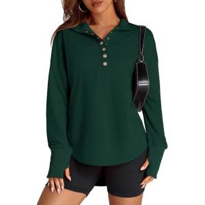 imagePRETTYGARDEN Womens Fall Fashion Button Up Sweatshirt Long Sleeve V Neck Loose Fit Casual Trendy Going Out Pullover TopsDark Green