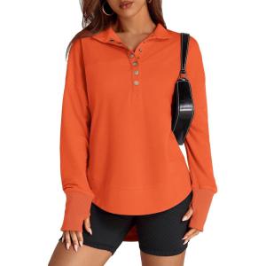 imagePRETTYGARDEN Womens Fall Fashion Button Up Sweatshirt Long Sleeve V Neck Loose Fit Casual Trendy Going Out Pullover TopsOrange