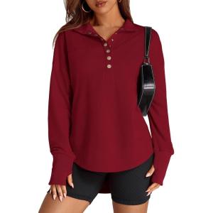 imagePRETTYGARDEN Womens Fall Fashion Button Up Sweatshirt Long Sleeve V Neck Loose Fit Casual Trendy Going Out Pullover TopsWine Red
