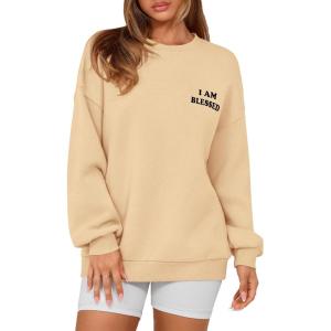 imagePRETTYGARDEN Womens Fall Fashion Oversized Sweatshirts Casual Crewneck Long Sleeve Graphic Pullover Tops ShirtApricot