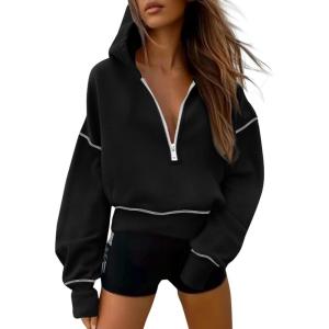 imagePRETTYGARDEN Womens Hooded Sweatshirts Long Sleeve Half Zip Cropped Hoodie Pullover Winter Fashion ClothesBlack