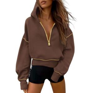 imagePRETTYGARDEN Womens Hooded Sweatshirts Long Sleeve Half Zip Cropped Hoodie Pullover Winter Fashion ClothesBrown Coffee