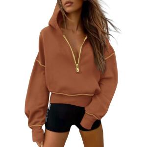 imagePRETTYGARDEN Womens Hooded Sweatshirts Long Sleeve Half Zip Cropped Hoodie Pullover Winter Fashion ClothesCaramel