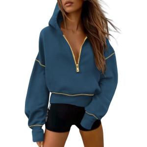 imagePRETTYGARDEN Womens Hooded Sweatshirts Long Sleeve Half Zip Cropped Hoodie Pullover Winter Fashion ClothesDark Blue