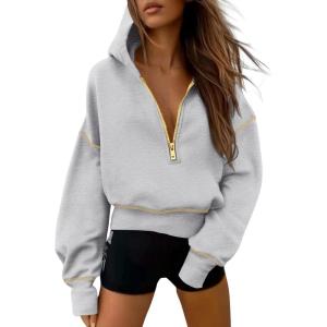 imagePRETTYGARDEN Womens Hooded Sweatshirts Long Sleeve Half Zip Cropped Hoodie Pullover Winter Fashion ClothesGrey