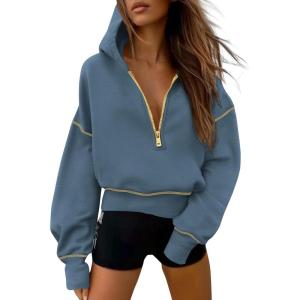 imagePRETTYGARDEN Womens Hooded Sweatshirts Long Sleeve Half Zip Cropped Hoodie Pullover Winter Fashion ClothesGrey Blue
