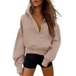imagePRETTYGARDEN Womens Hooded Sweatshirts Long Sleeve Half Zip Cropped Hoodie Pullover Winter Fashion ClothesKhaki