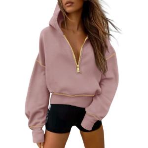 imagePRETTYGARDEN Womens Hooded Sweatshirts Long Sleeve Half Zip Cropped Hoodie Pullover Winter Fashion ClothesPink