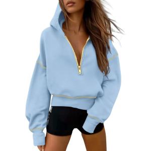 imagePRETTYGARDEN Womens Hooded Sweatshirts Long Sleeve Half Zip Cropped Hoodie Pullover Winter Fashion ClothesSky Blue