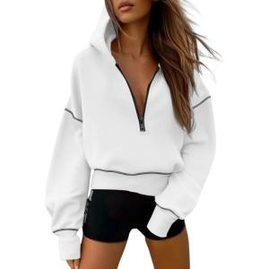imagePRETTYGARDEN Womens Hooded Sweatshirts Long Sleeve Half Zip Cropped Hoodie Pullover Winter Fashion ClothesWhite