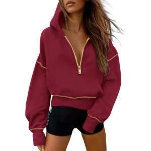 imagePRETTYGARDEN Womens Hooded Sweatshirts Long Sleeve Half Zip Cropped Hoodie Pullover Winter Fashion ClothesWine Red