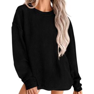 imagePRETTYGARDEN Womens Oversized Sweatshirt Ribbed Corduroy Crewneck Long Sleeve Loose Fit Casual Going Out Pullover TopsBlack